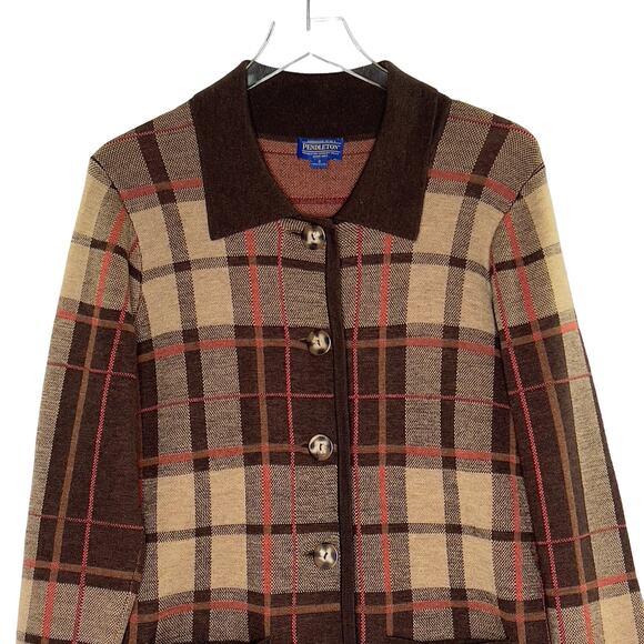 Pendleton S Merino Wool Brown Plaid Long Line Cardigan Pockets Preppy Cabin - Picture 4 of 10